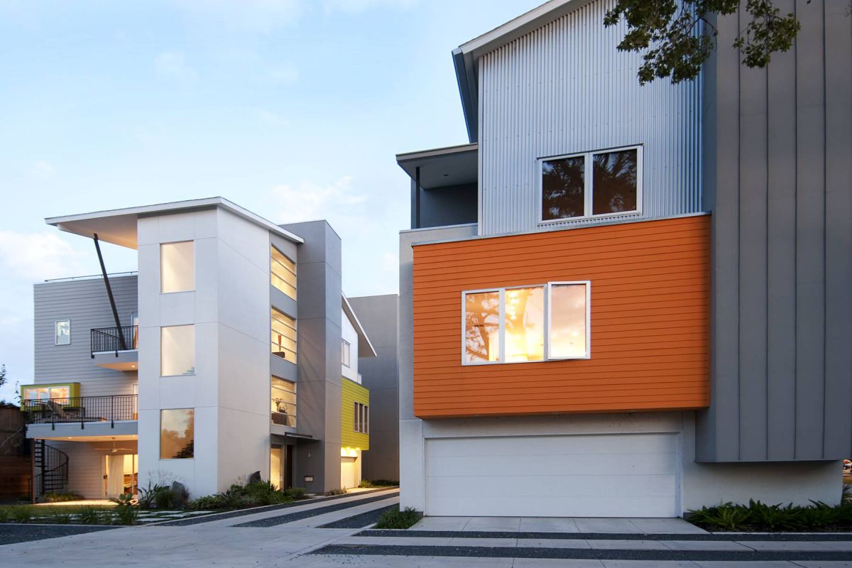 17 Contemporary house exterior in orange with Gray