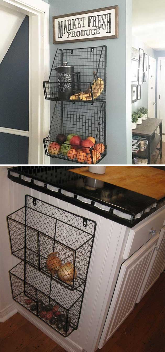 Attach wire baskets to the wall