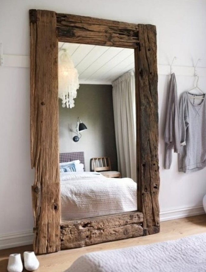 Standing mirror with wooden frame