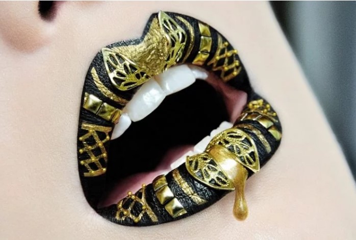 Lip design for Halloween with black and golden colors like Egyptians