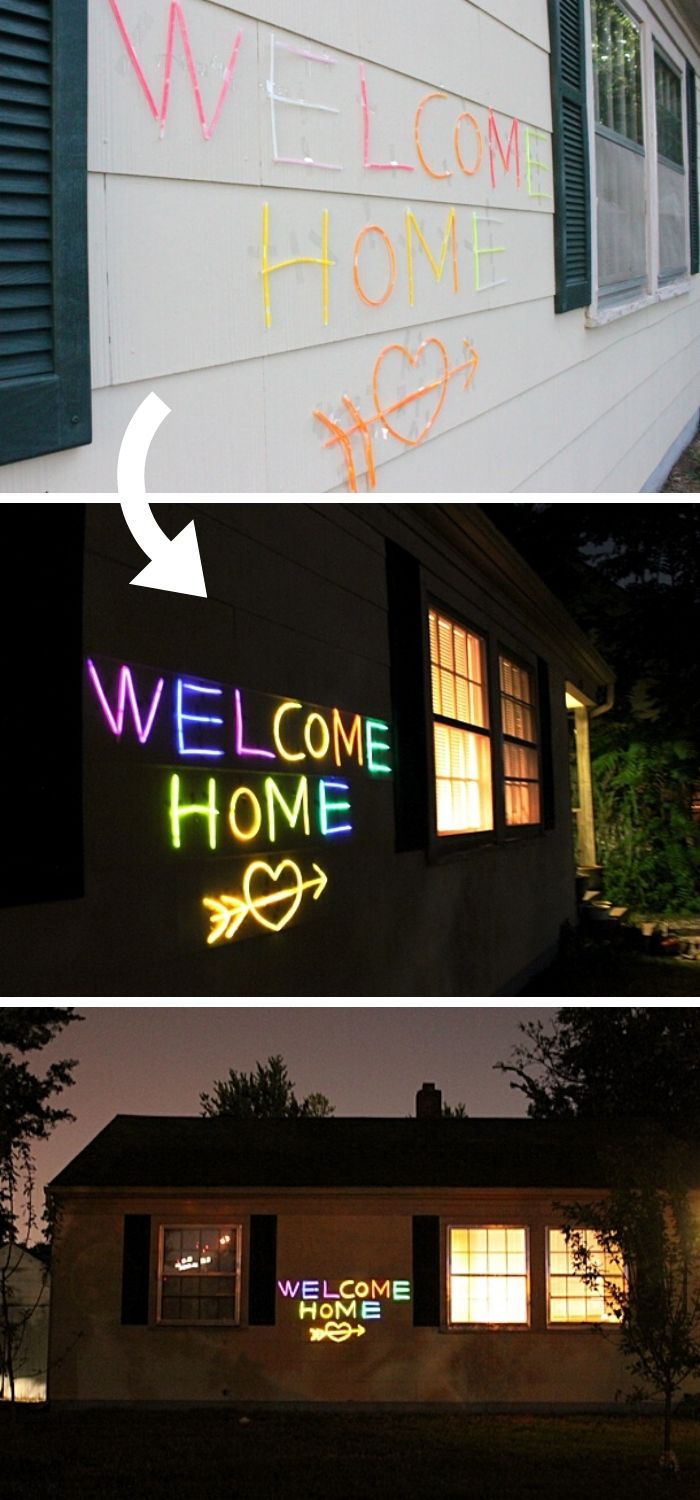 Make glow words and phrases on the outside wall of the house