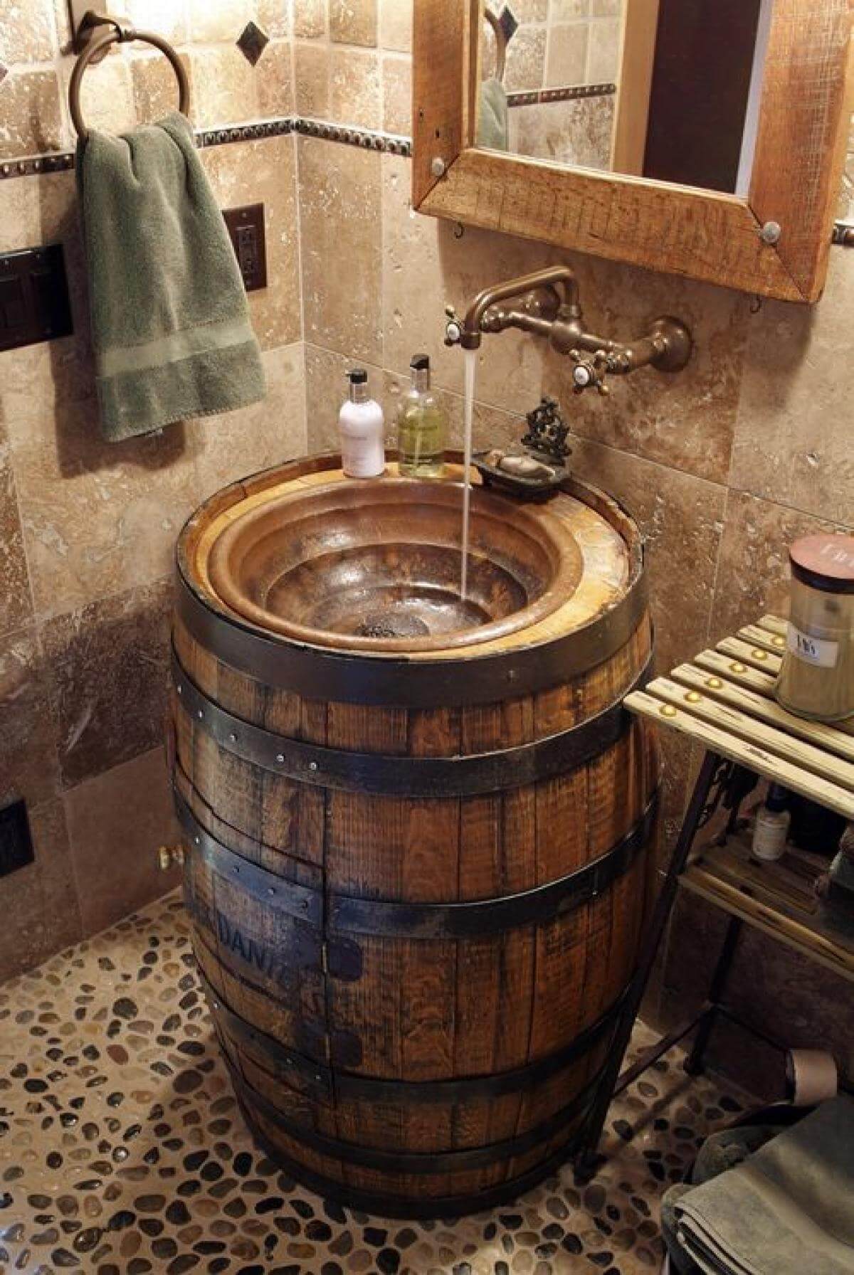 Converted whiskey barrel sink