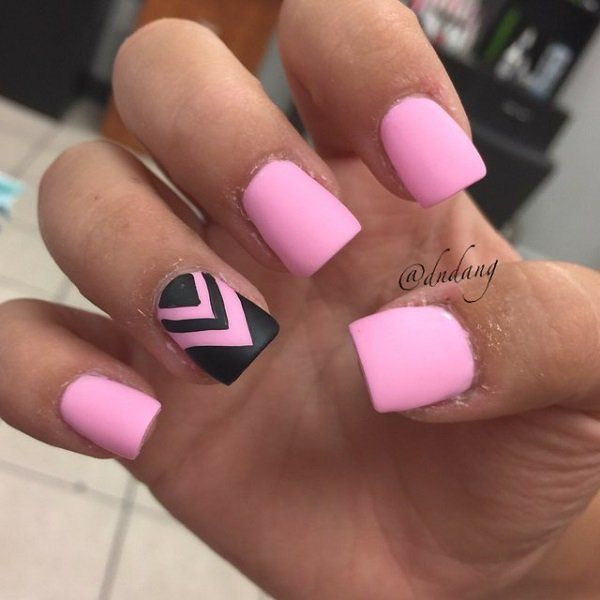 Baby Pink Nail Design with Black Zig Zag lines