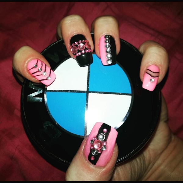 Crystal Decorated Pink and Black Nail Design