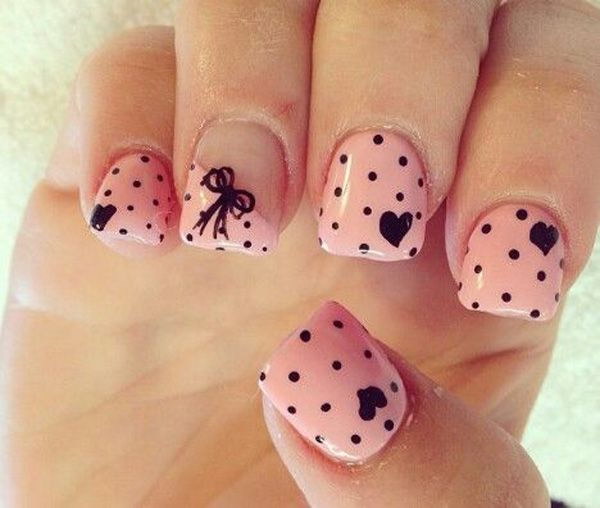 Pretty Pink Nail with Dots, Hearts and Bows Design