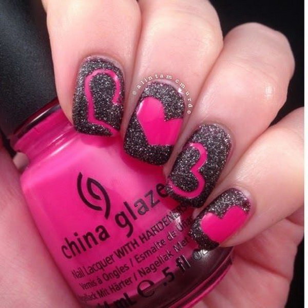 Hot Pink and Black Valentine Nail Art