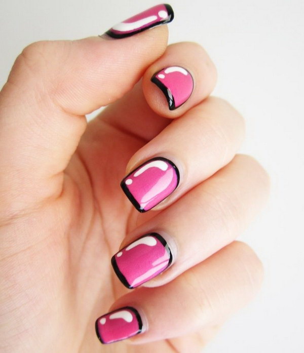Hot Pink with Black Outline Nail Design