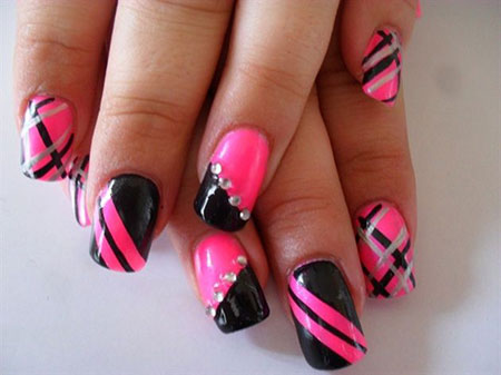 Hot Pink and Black Patterns Nail Design