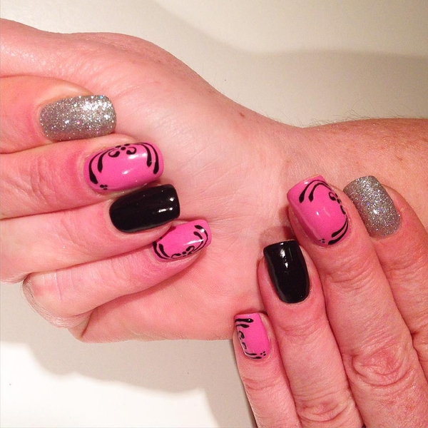 Black and Pink Swirls with Silver Glitter Nail Design