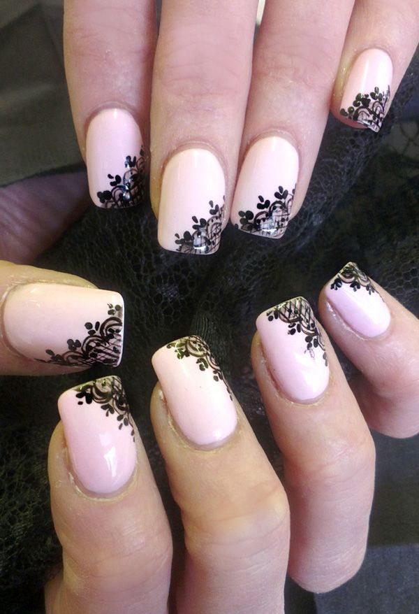 Light Pink with Black Flowers nail Design