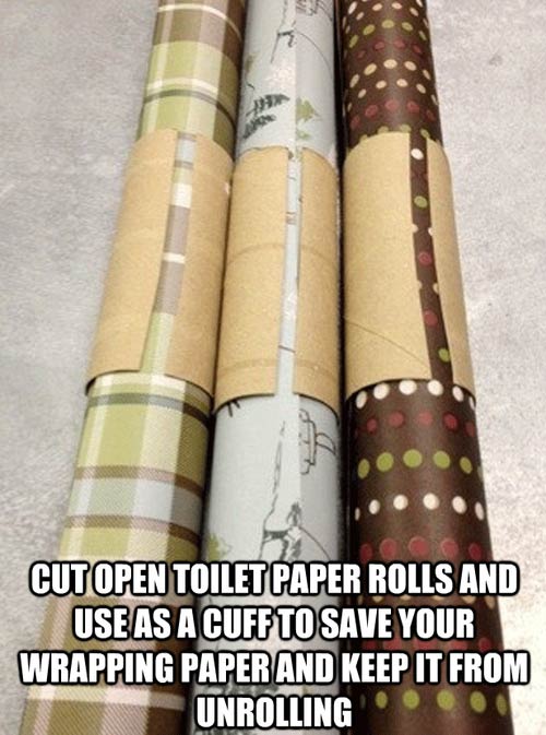 Toilet paper rolls to save wrapping paper from unrolling