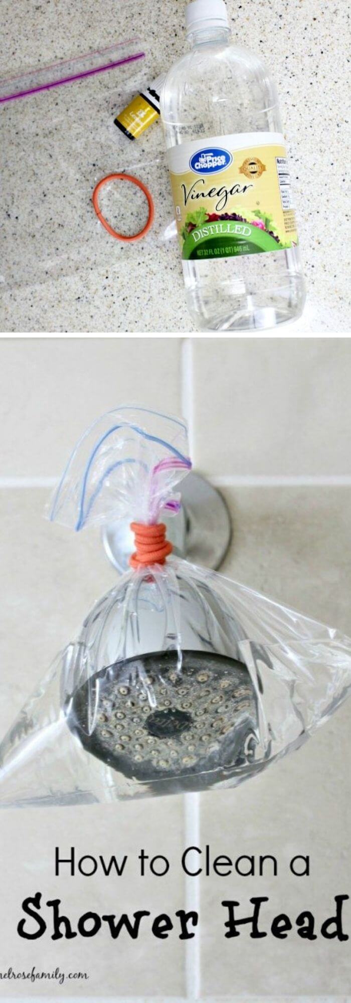 Use sandwich bag and distilled white vinegar to clean shower head