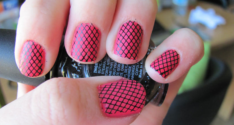 Pink and Black Checked Nail Design