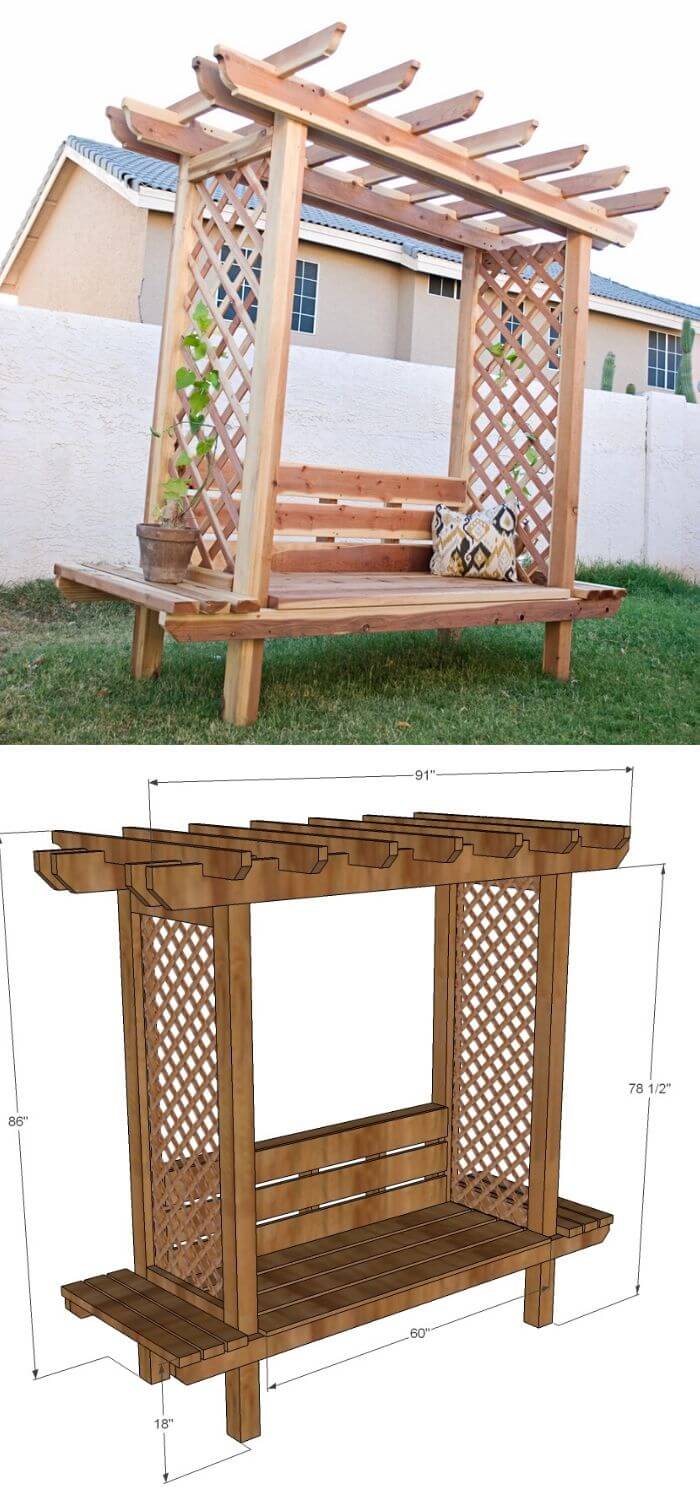 DIY outdoor bench with arbor