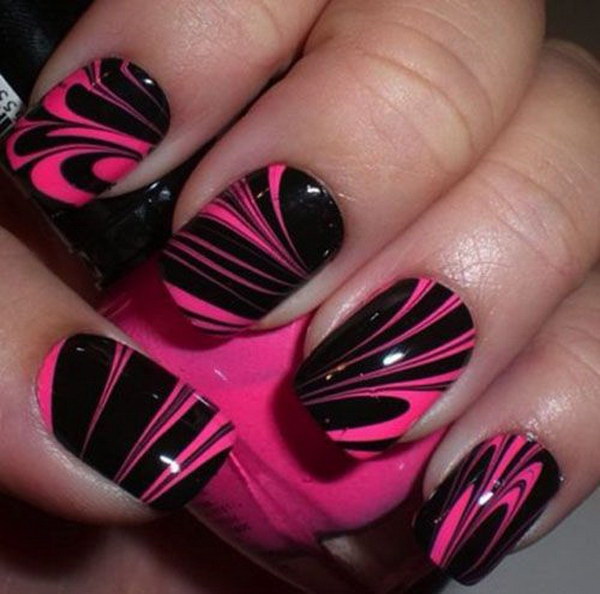 Pink and Black Water Marble Nail Design