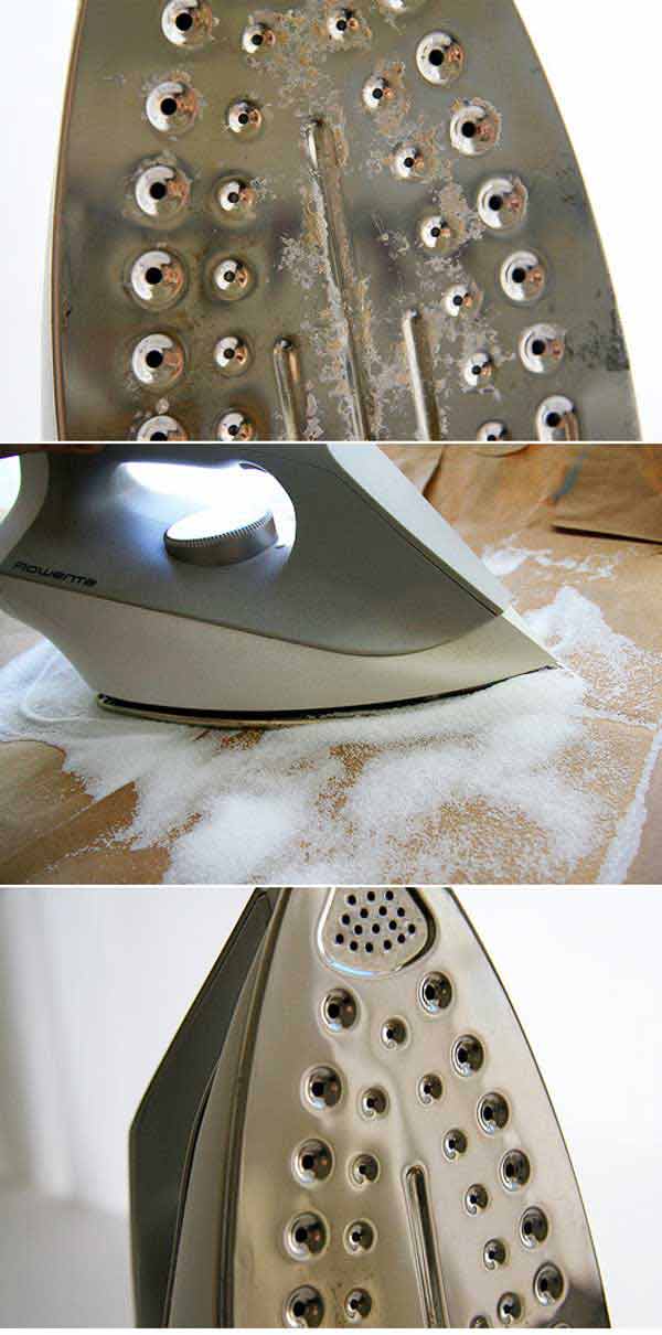 Use table salt to clean a scorched iron