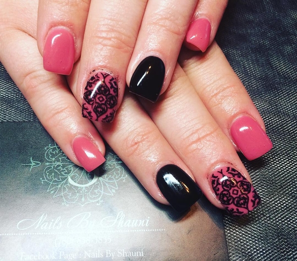 Pink and Black Pattern Nail Design