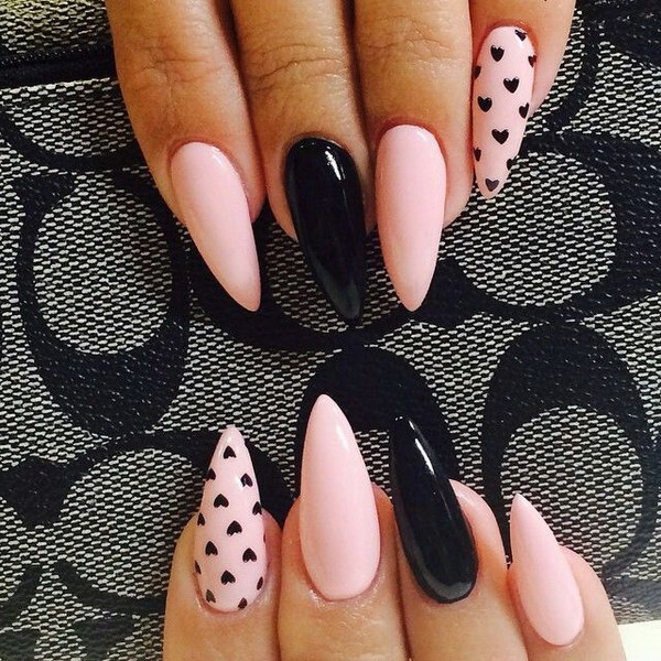Pink and Black Nail Design with Small Hearts Accent