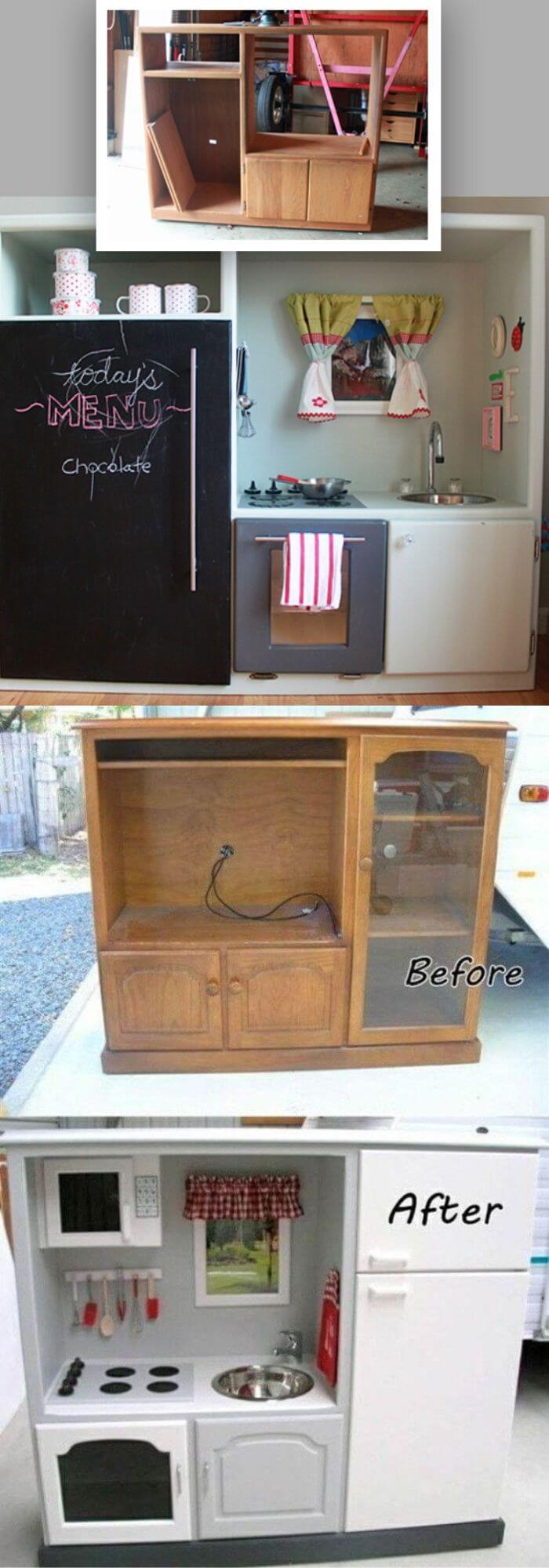 Transform an old entertainment center into a kid's dream play kitchen