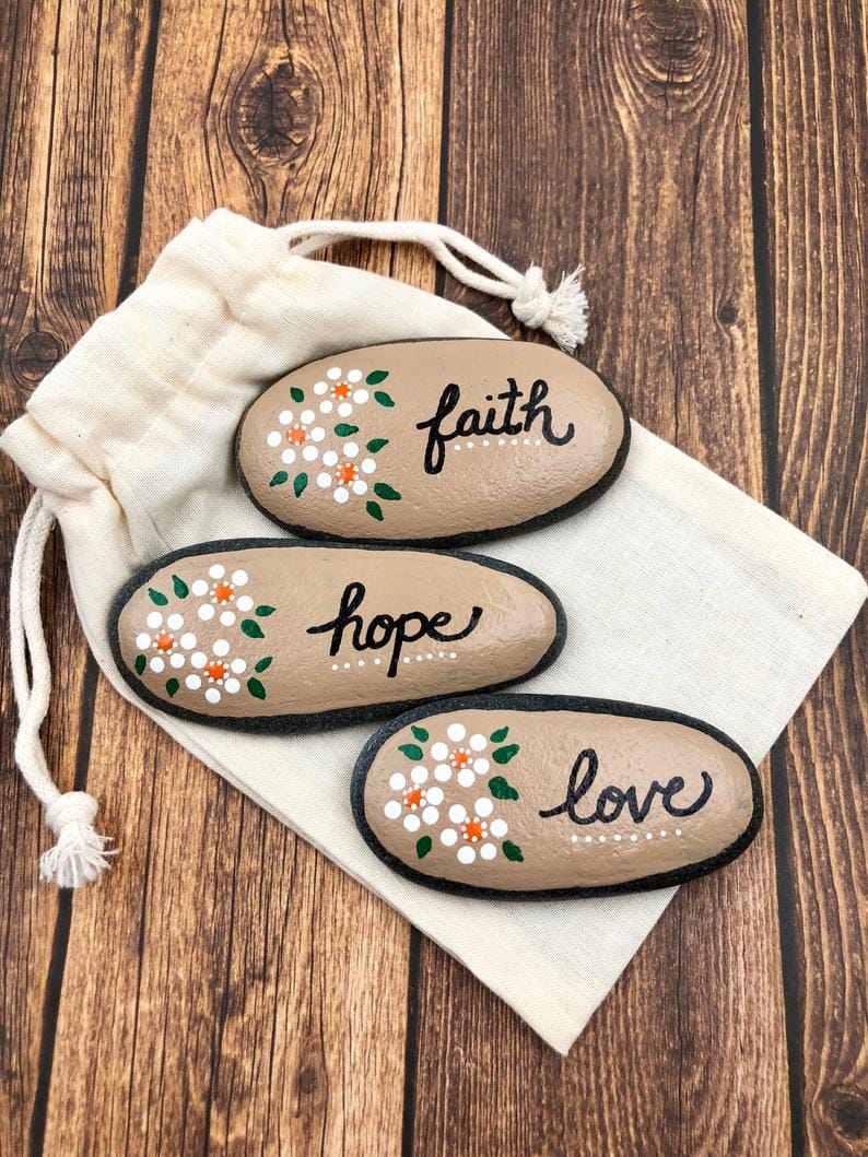 Faith hope love painted rock