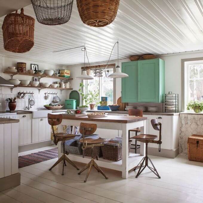 Farmhouse kitchen with woven baskets
