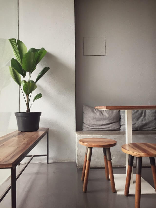 wooden bench with houseplant