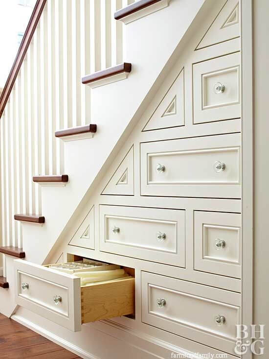 8 farmfoodfamily.com finished basement storage ideas stair drawers
