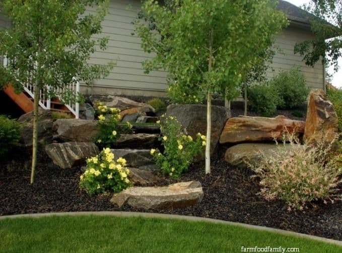 2 landscaping ideas with mulch and rocks