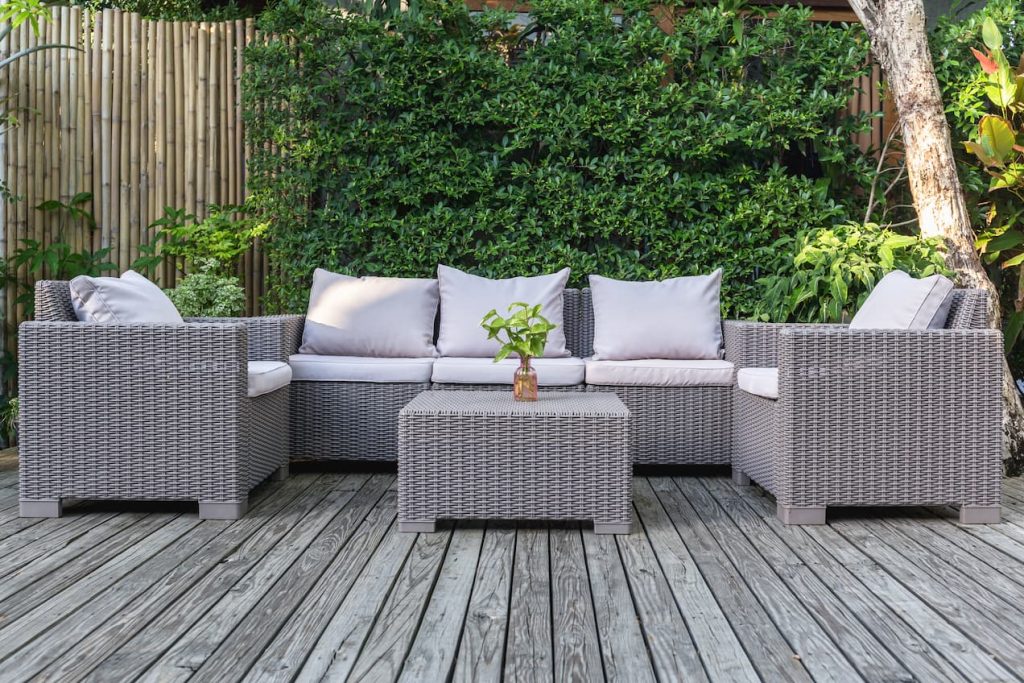 Large terrace patio with rattan garden furniture
