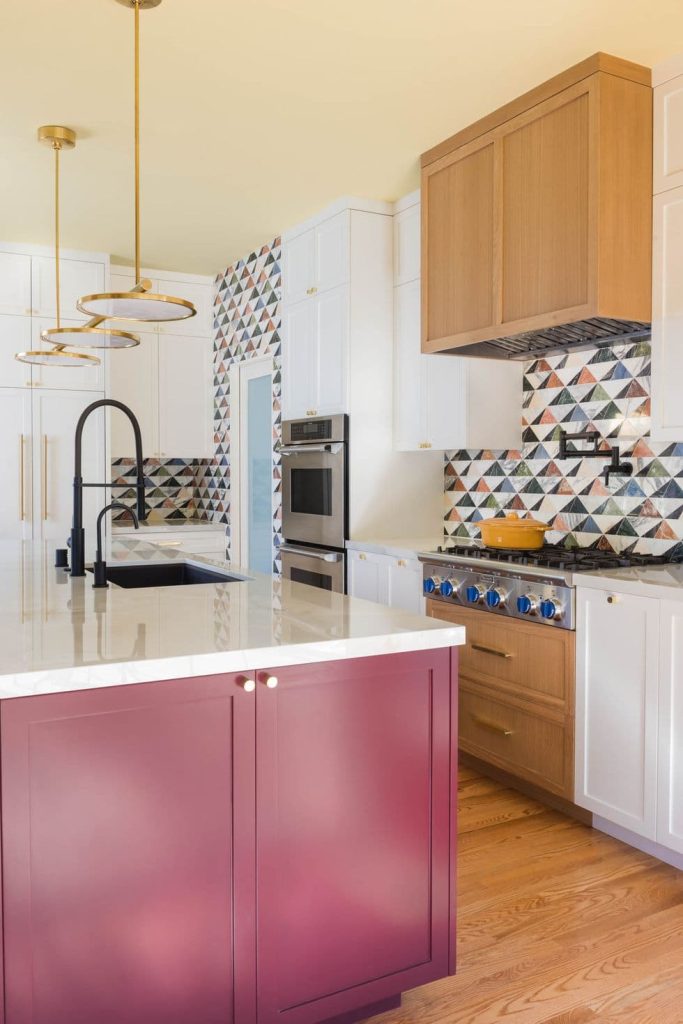 19 multicolor geometric kitchen backsplash with oak cabinets 1