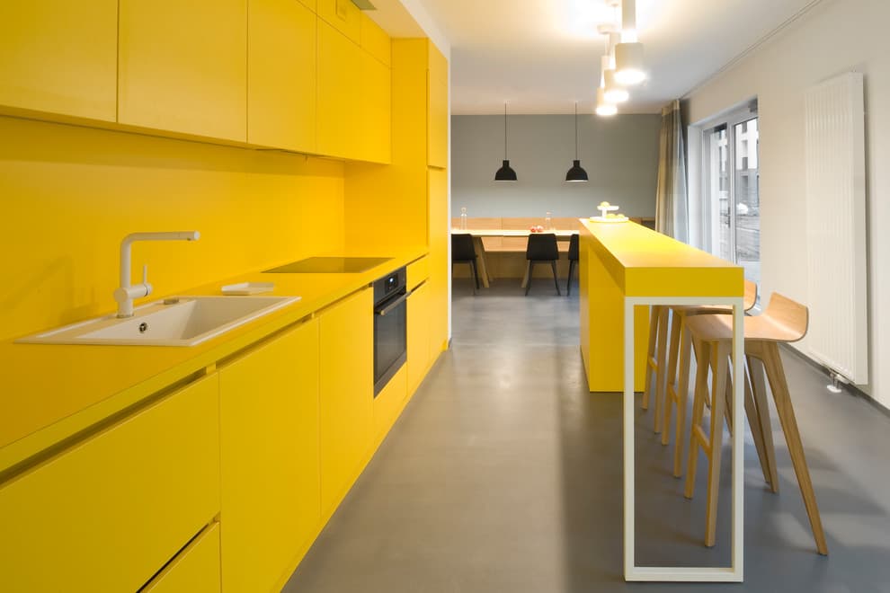 19 yellow kitchen cabinet goes with gray floors