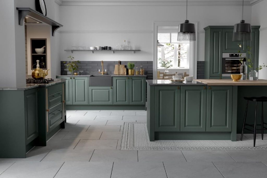 2 green kitchen cabinet goes with gray floors