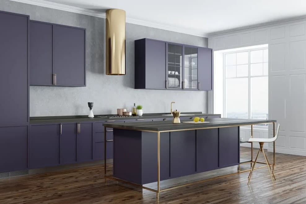 20 gray wood floor with dark purple cabinets