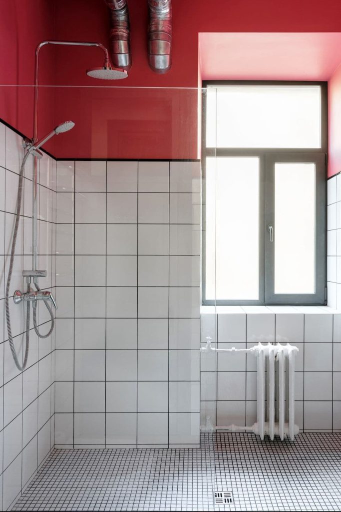 20 red white color walls go with gray tile bathroom 1