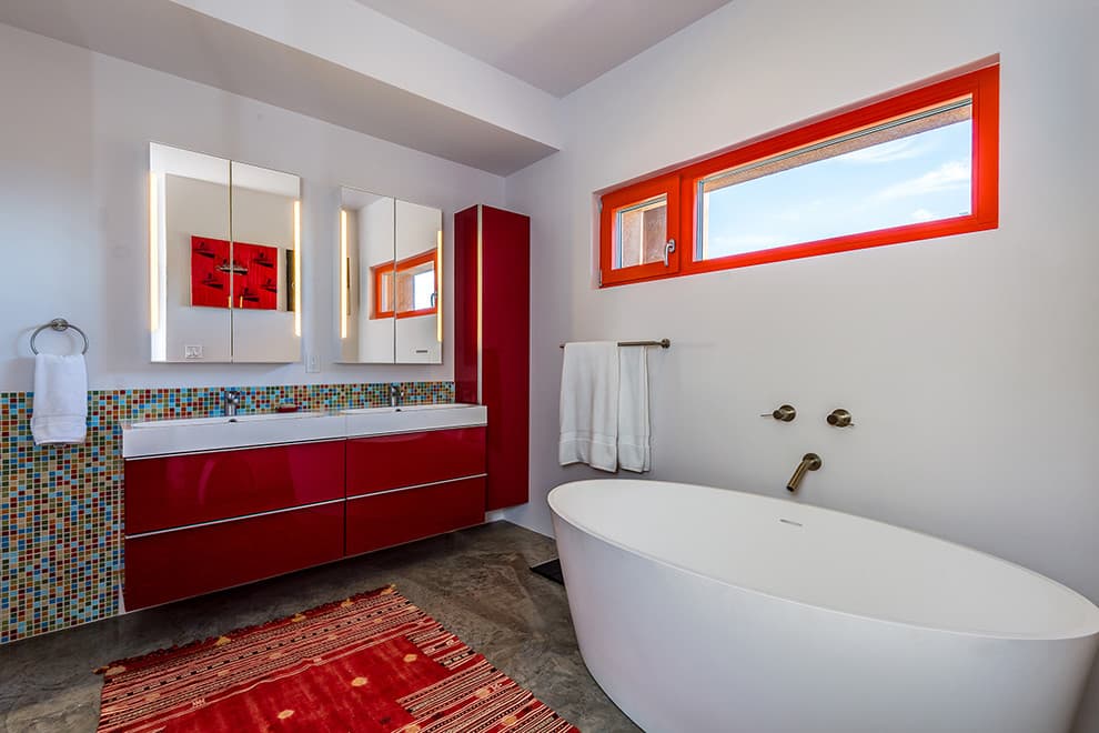 20 red white color walls go with gray tile bathroom 2