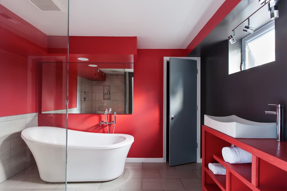23 red color walls go with gray tile bathroom 1