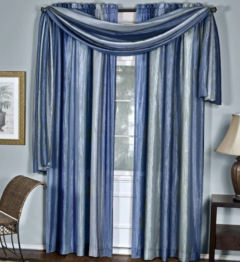 3 striped blue curtain with blue wall
