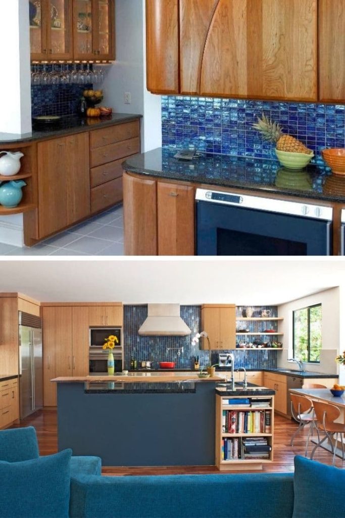 4 blue kitchen backsplash with oak cabinets