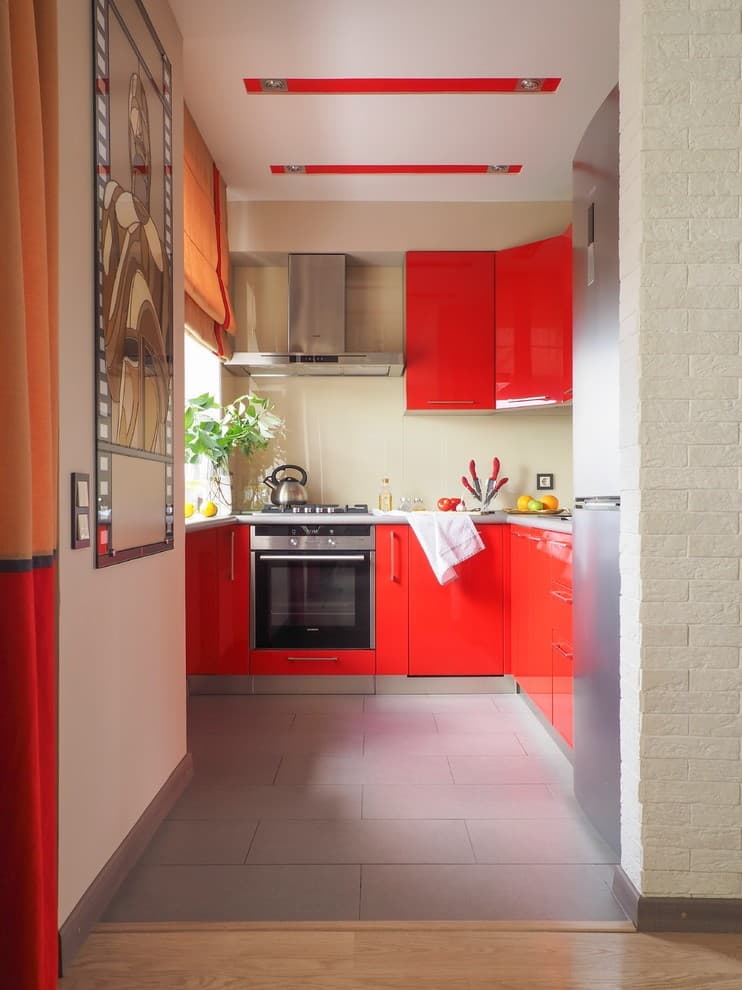 5 red kitchen cabinet goes with gray floors