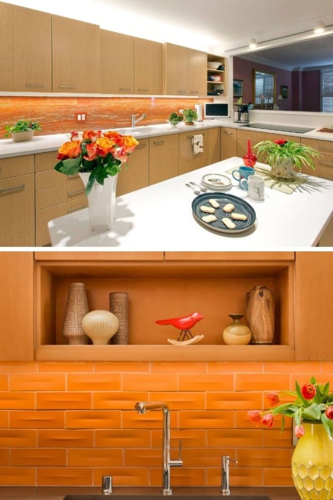 9 orange kitchen backsplash with oak cabinets 1