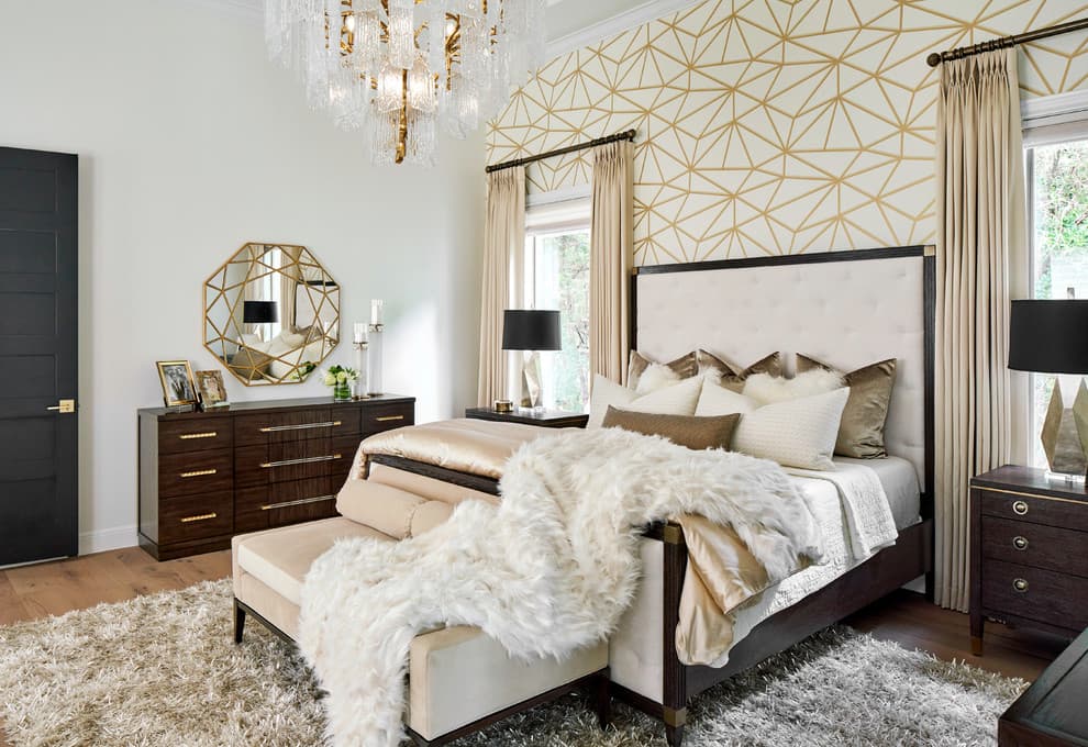 10 geometric print wallpaper white gold bedroom ideas 1