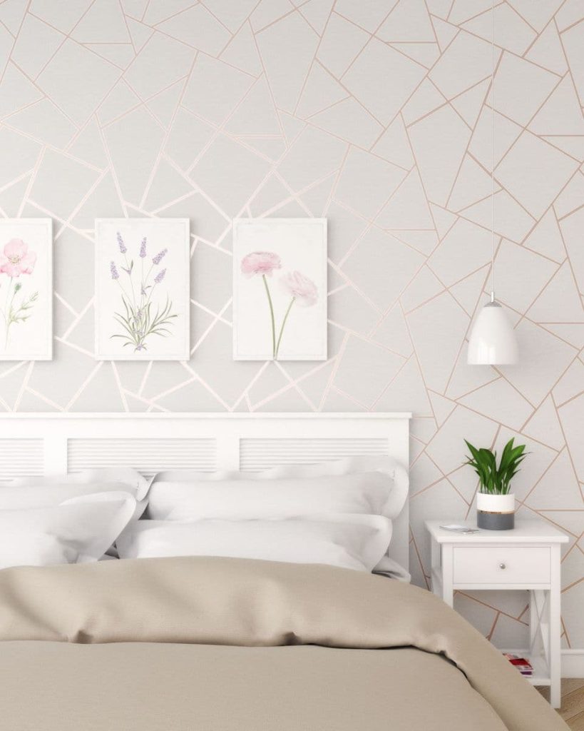 10 geometric print wallpaper white gold bedroom ideas