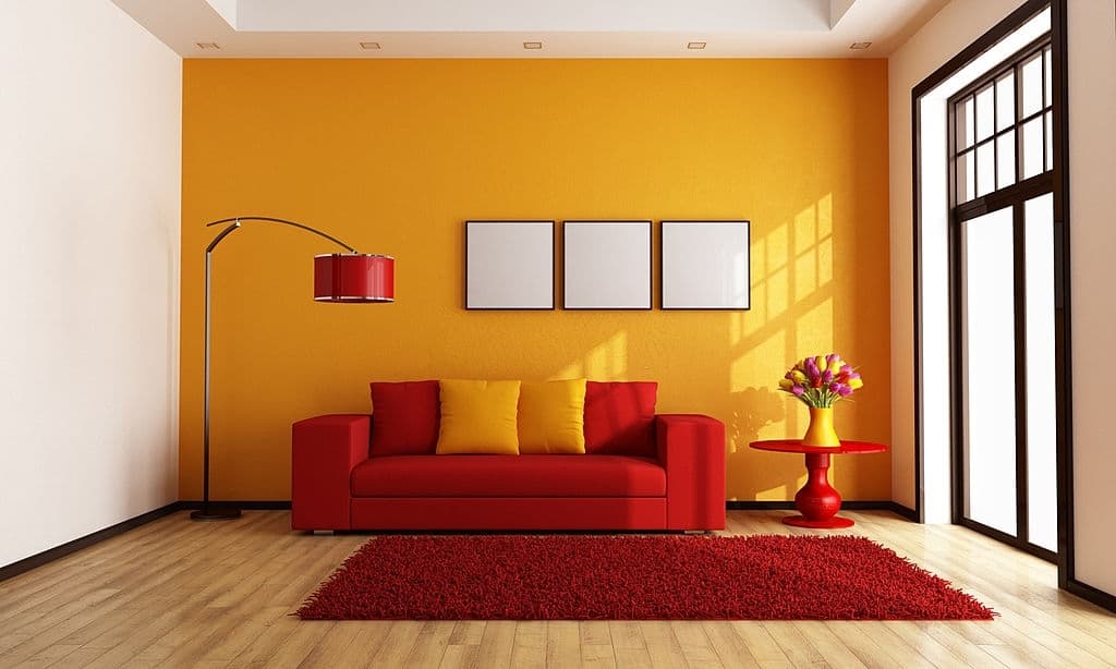 11 yellow pillows with red couch 4