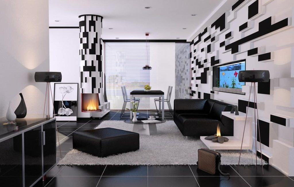 13 black and white living room with 3d wallparper ideas 1