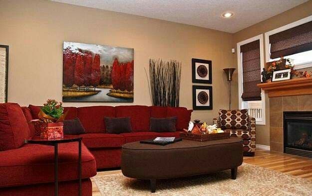 15 dark brown pillows with red couch 1