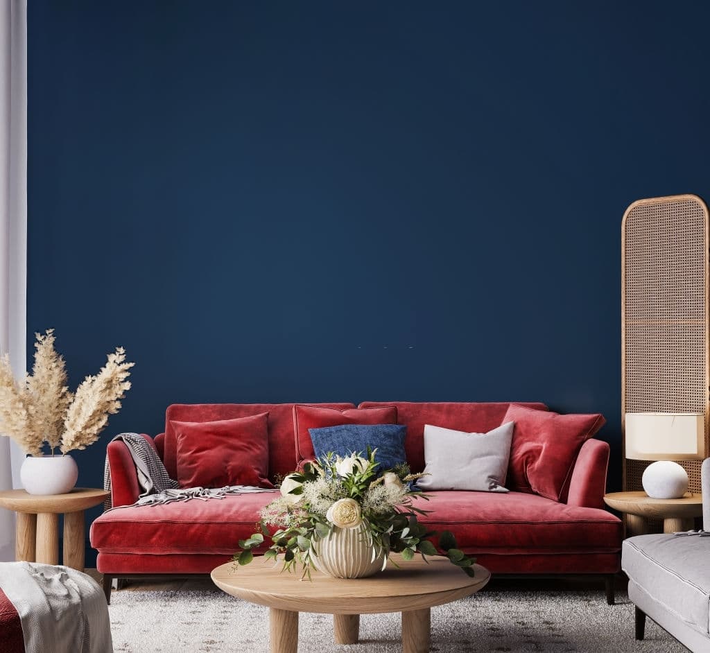 17 dark blue pillows with red couch 1