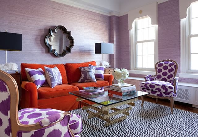 18 white purple pillows with red couch 1