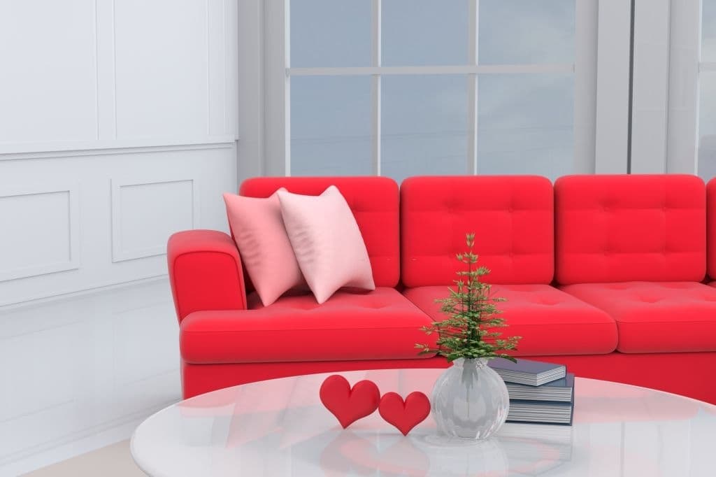 19 pink pillows with red couch 1