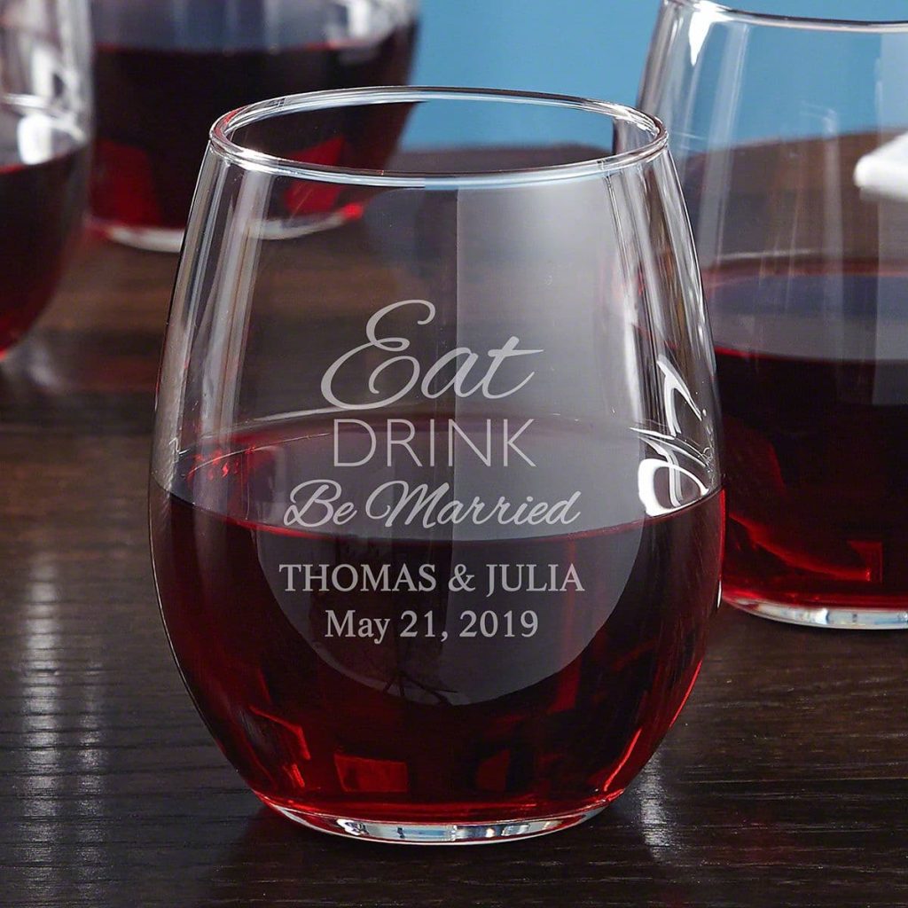 eat drink be married stemless wine glass