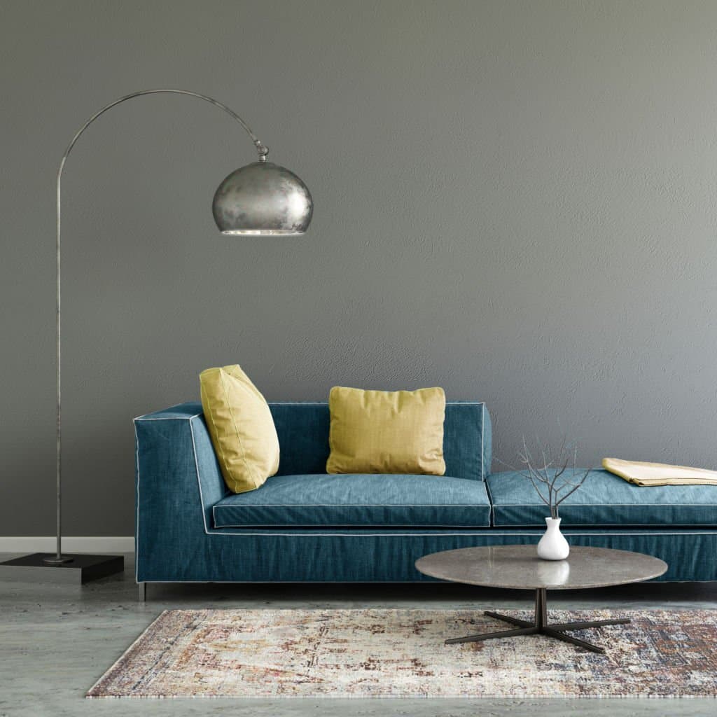 blue furniture goes with gray walls